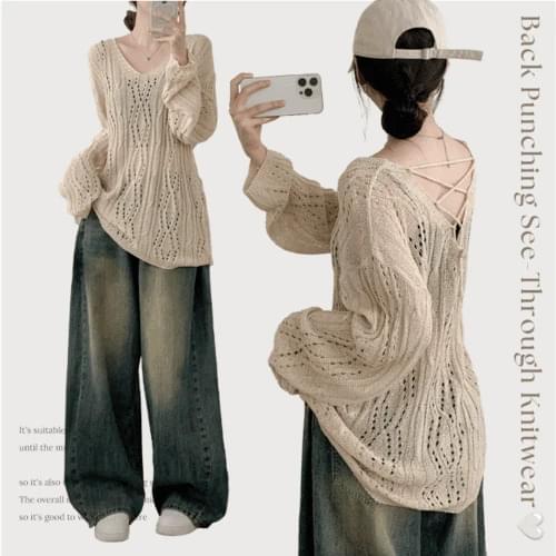 Newel Strap Punching See-Through Overfit Long Sleeve Mesh Knitwear