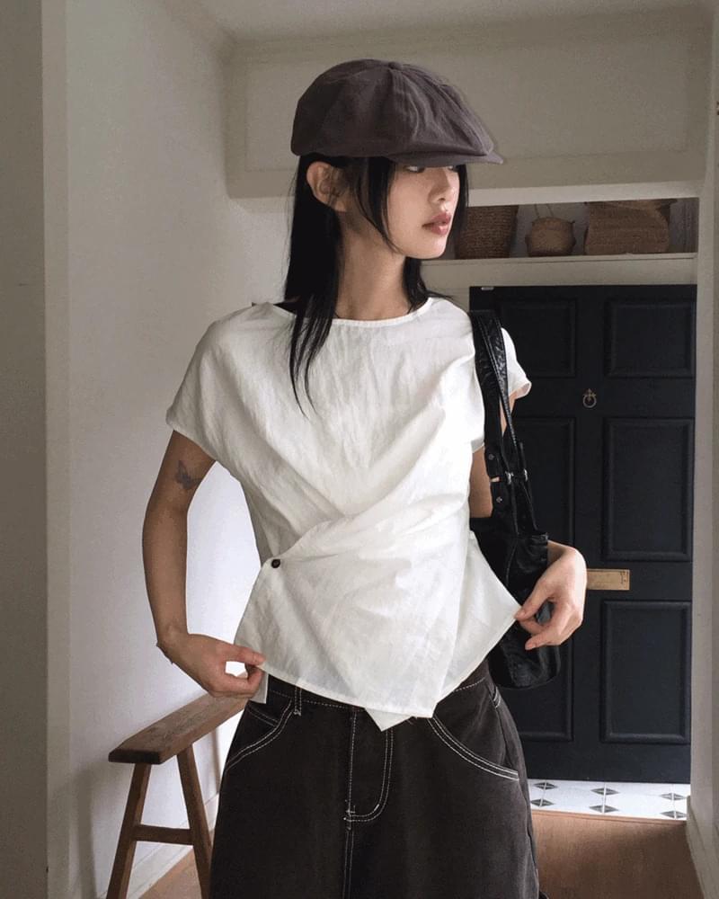 MaFun Nylon Uncut Diagonal Wrap Button Short Sleeve Blouse