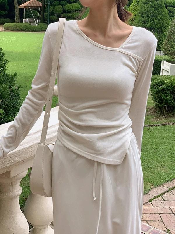 Senp Fall Unbalanced V-Neck Shirring Long Sleeve T-Shirt