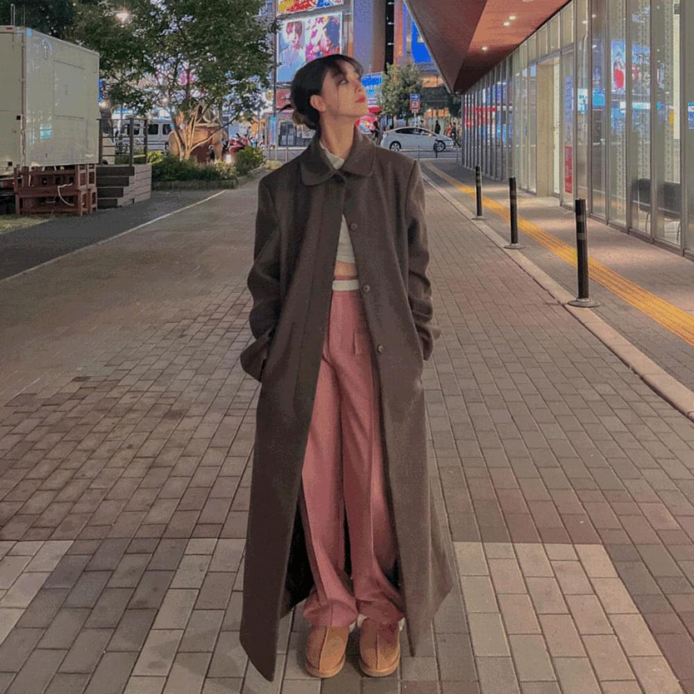 Until midwinter, high quality hidden button single maxi long coat Loose-fit shoulder pad collar neck woolen jacket maroon navy black