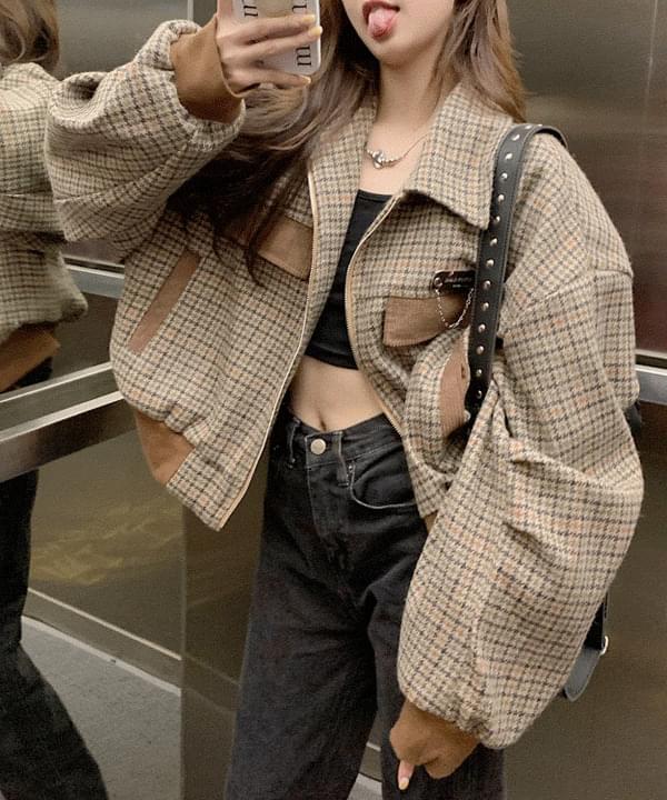 Odney corduroy color combination check zip-up jacket