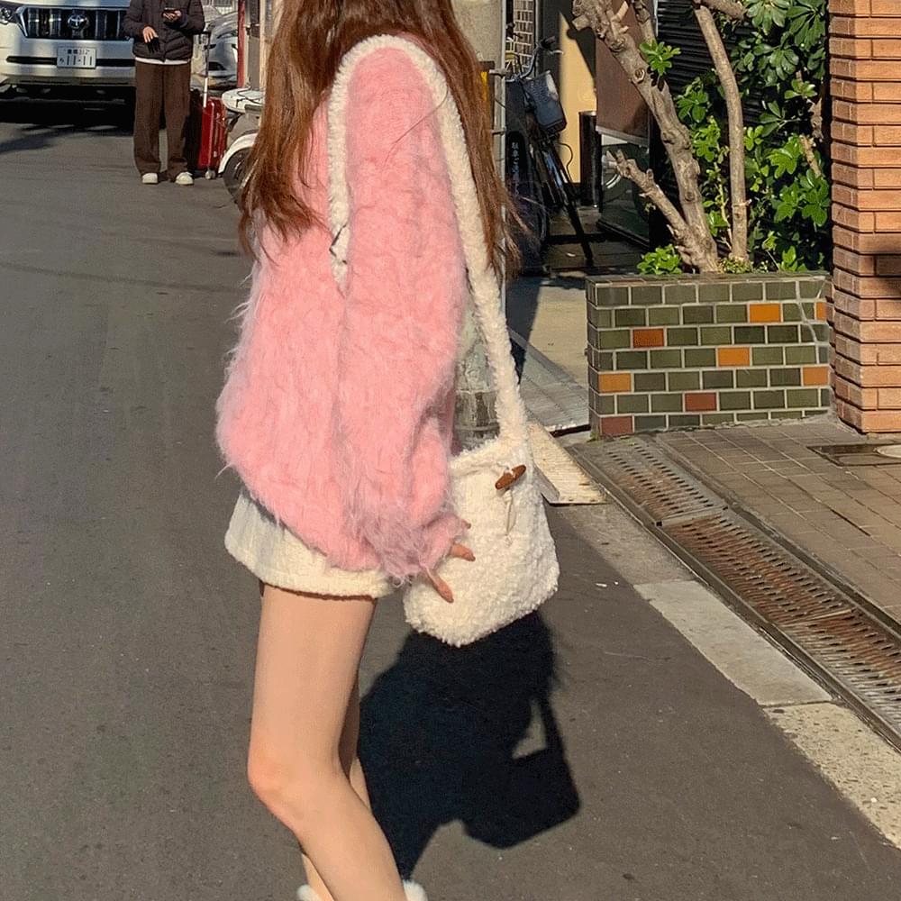 Fleece puffy tteokbokki toggle shoulder cross bag strap adjustable winter fur storage travel bag daily kkuanku lovely 4col