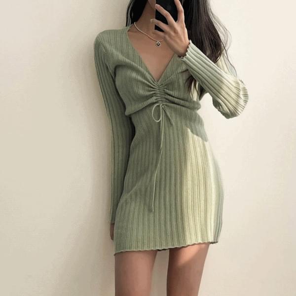 V- V-Neck shirring Ribbed mini Dress 3color