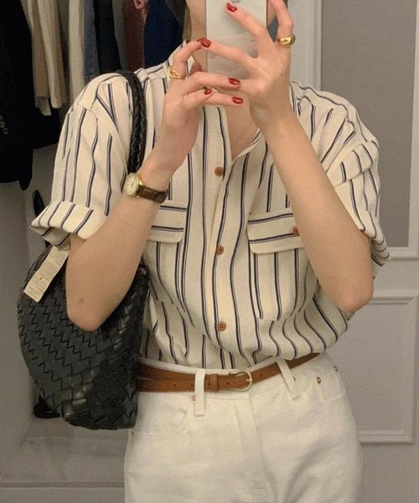 Pobler Stripe Roll Up Pocket Short Sleeve Shirt