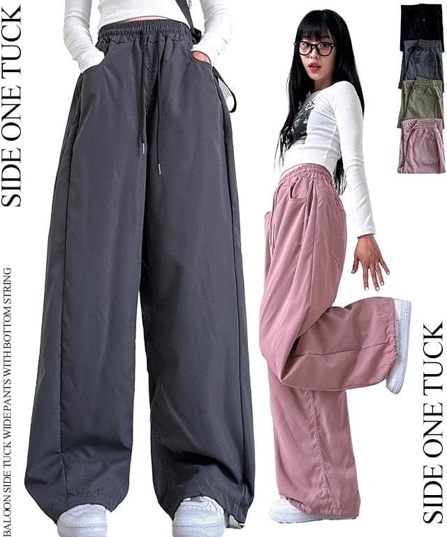 Balloon side tuck wide pants