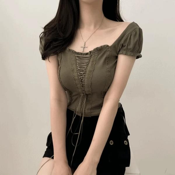 Princess Olive Corset Lace Shirring Short Sleeve Blouse