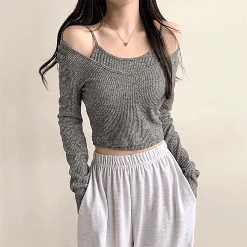 Vito Ribbed Layered Sleeveless + V-Neck Crop Long Sleeve T-Shirt Two-Piece