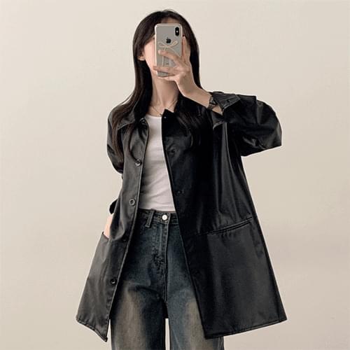 Latiss pocket leather long coat overfit leather jacket 夹克
