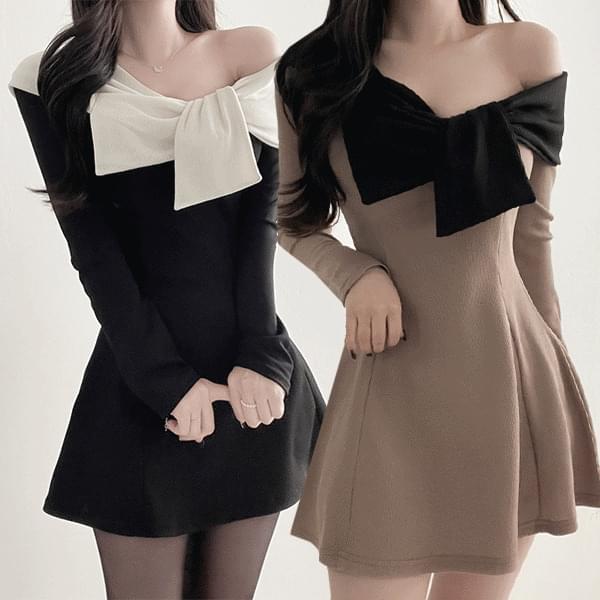 Ribbon off-shoulder flare color combination ribbon mini Dress 3 colors
