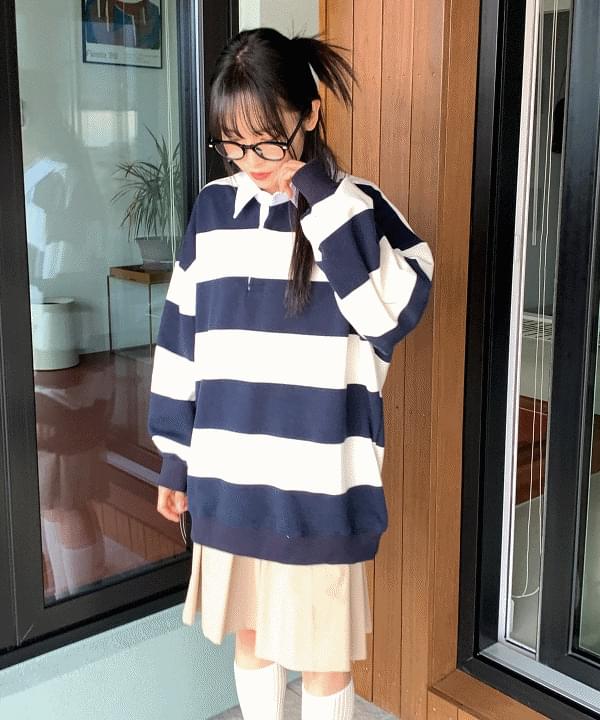 Homeroom overfit Striped collar Sweatshirt spring rugby t-shirt 2 colors