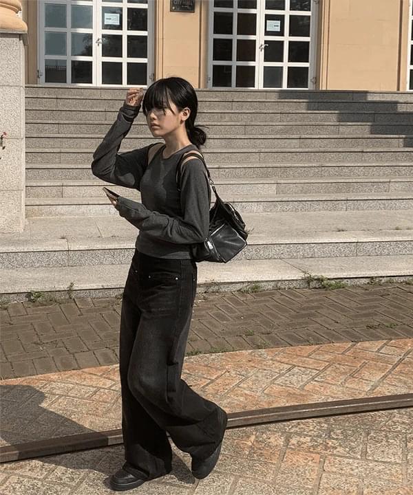 Riku Black Denim Cat Faded Wide Pants