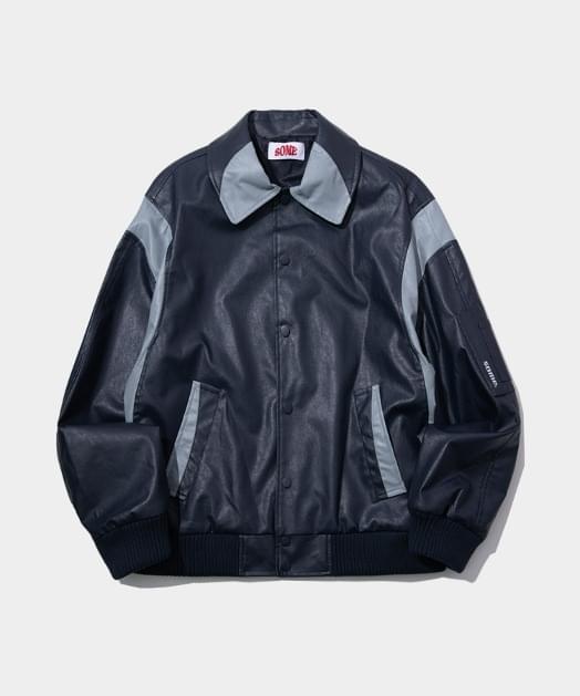Logo embroidery shoulder color line basic blue jean raglan varsity leather jacket Jacket