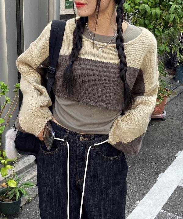 Use Overfit Boat Neck Crop Striped Autumn Knitwear 3 Colors