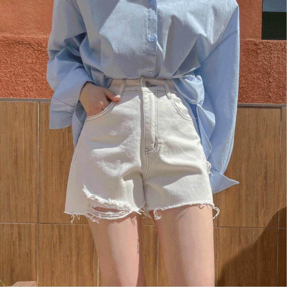 Damaged Waist A-Line Stitch Destroyed Shorts Cotton Shorts Long High Waist Shorts Cutting Pants Ivory Black S M L