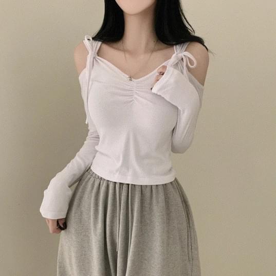 Shoulder slit ribbon Ribbed slim fit shirring long sleeve 6 colors