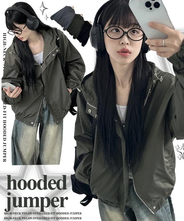 High neck nylon overfit hooded Jacket