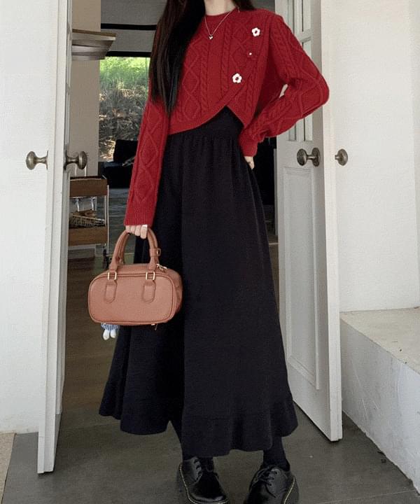 Ashud Cable Crop Knitwear Sleeveless Long Dress Set