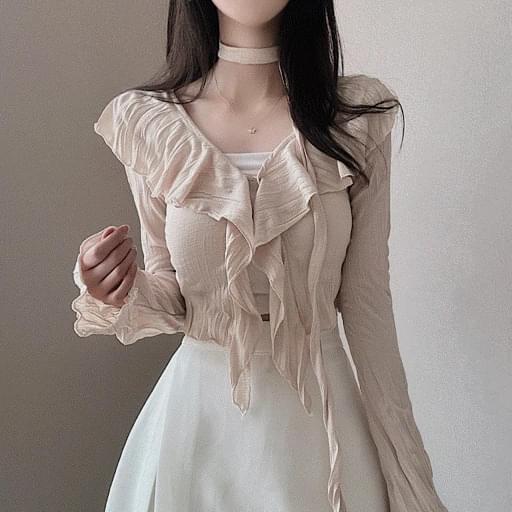 Scarf set ruffle frill crop cardigan 3 colors