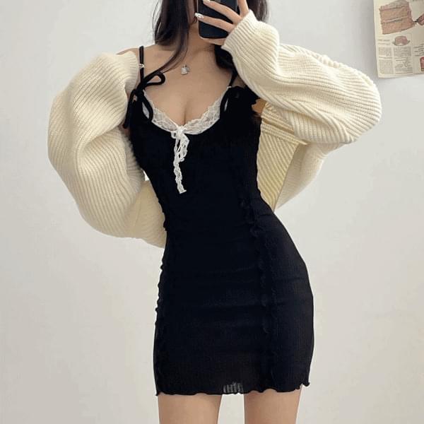 荷葉邊緞帶針織開襟背心洋裝