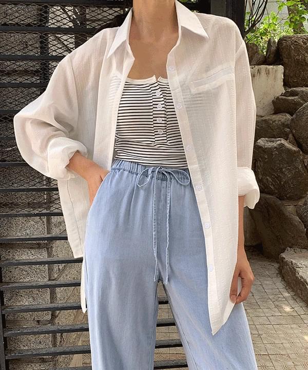 Kine Loose-fit striped long sleeve shirt -4color