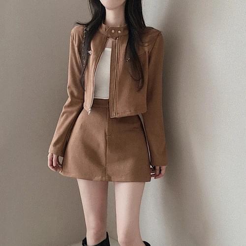 Suede biker jacket mini skirt two piece set 3color 套装