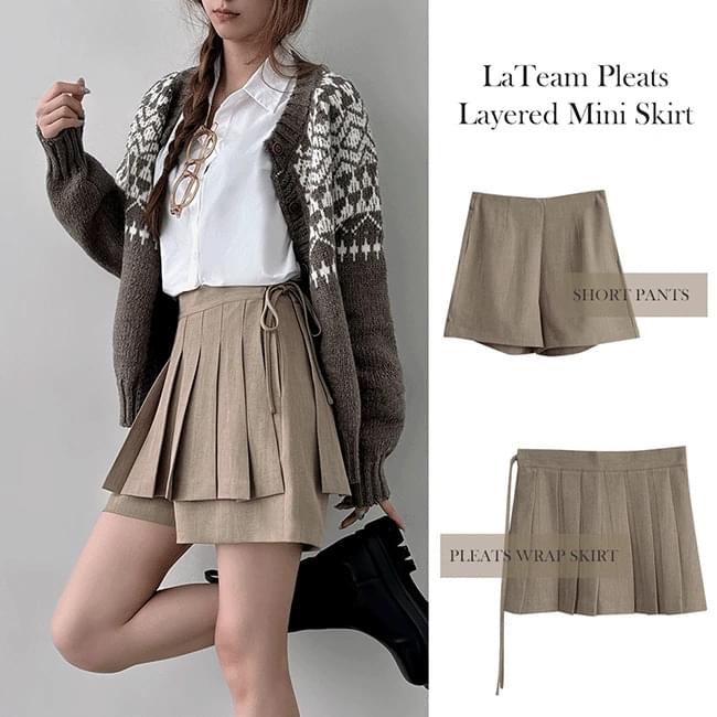 Latim A-line pleated wrap layered mini skirt + back zipper slacks short pants set