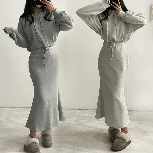 Hooded string Sweatshirt + mermaid skirt two-piece set-up set 3 colors