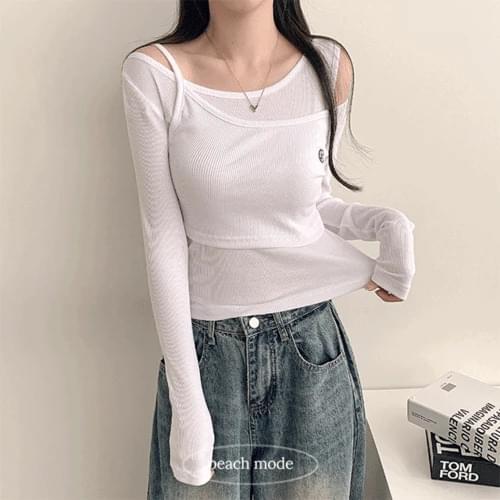 Neve Baletcore off-shoulder layered crop two-piece ribbed Ribbed sleeved T-shirt