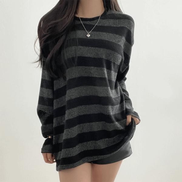 Hip loose Loose-fit lower see-through color Striped Dangara Knitwear long sleeve 2 colors