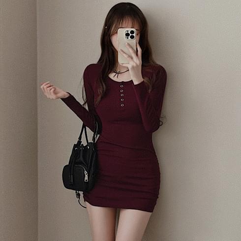 抓褶修身長袖針織迷你洋裝