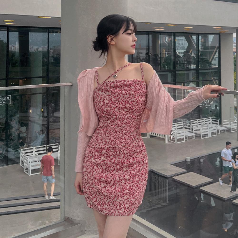 Flower Cross Strap Sleeveless One Piece Bustier Dress Small Flower Flare Shirring Chiffon Girlfriend Look Date Look