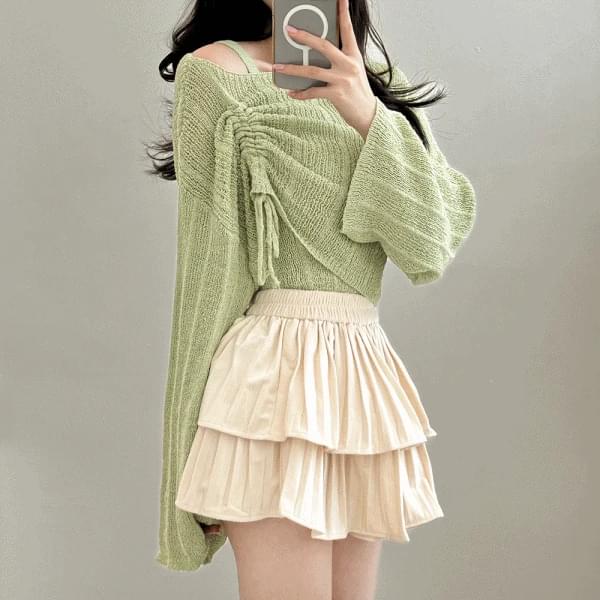 Boucle One Shoulder Side Shirring Sleeveless Knitwear Set 4 Colors 套装