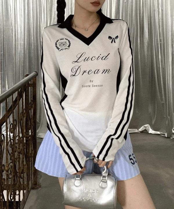 Lucadin V- V-Neck collar lettering long-sleeved T-shirt