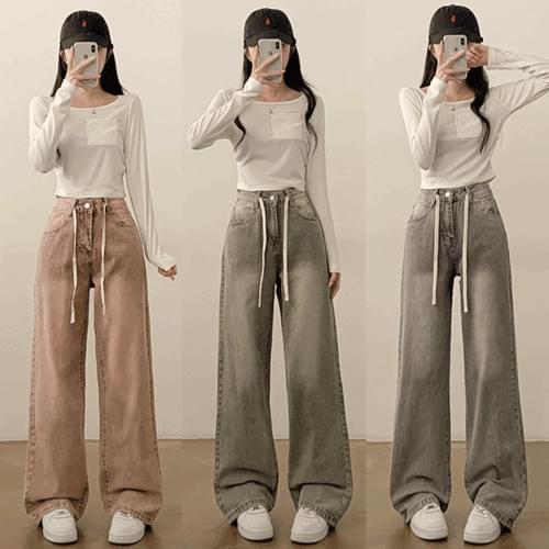 Pogni waist strap high waist Faded wide denim pants