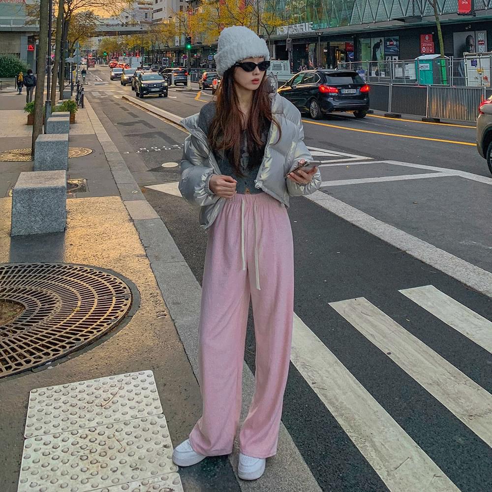 Basic & Fleece-lined 2 type high waist banding terry long wide pants plain simple color training sweats pants Kkuanku daily 5COL