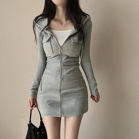 Slim fit hooded zipper mini Dress 3 colors