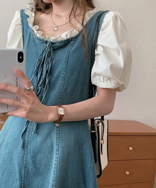 Complete coordination with one frill puff A-line denim Dress 半身裙
