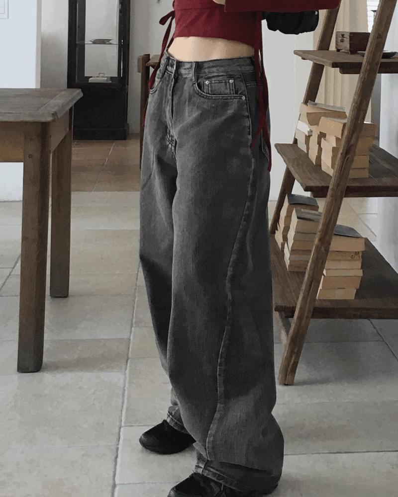 Tarpo diagonal Split Faded long wide denim pants
