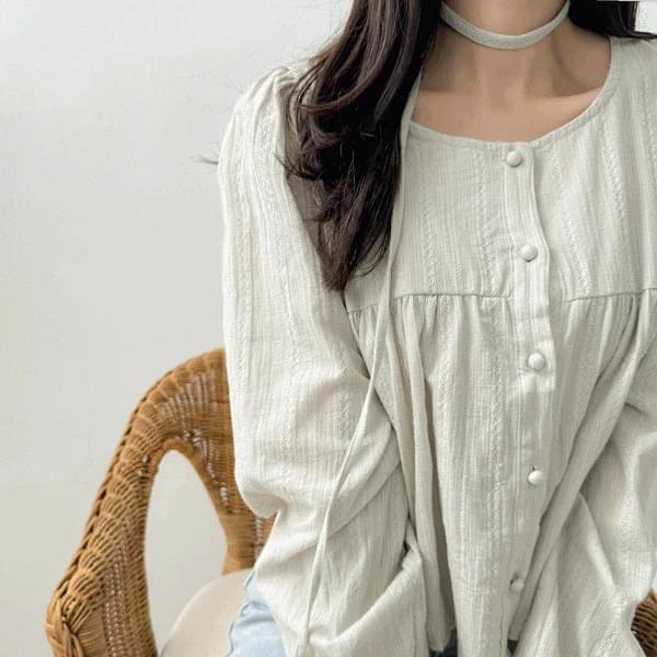 Romantic bean button punching puff sleeve long sleeve blouse 4 colors