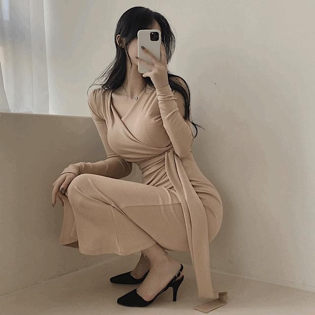 挺胸修身包臀襯衫式綁帶長洋裝