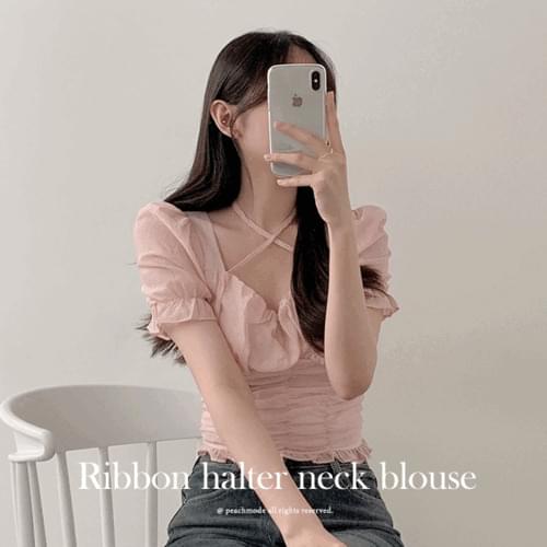 Halter Neck Ribbon Crop Shirring Short Sleeve Blouse