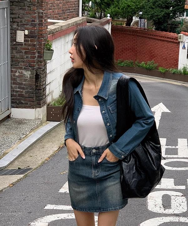 Cadia Faded Crop Spandex Denim Long Sleeve Shirt -3color
