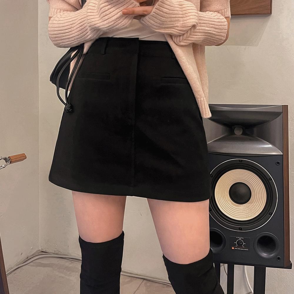 A-line basic plain high waist mini skirt warm pin Split buckle zipper winter short skirt girlfriend look date look ivory black SM