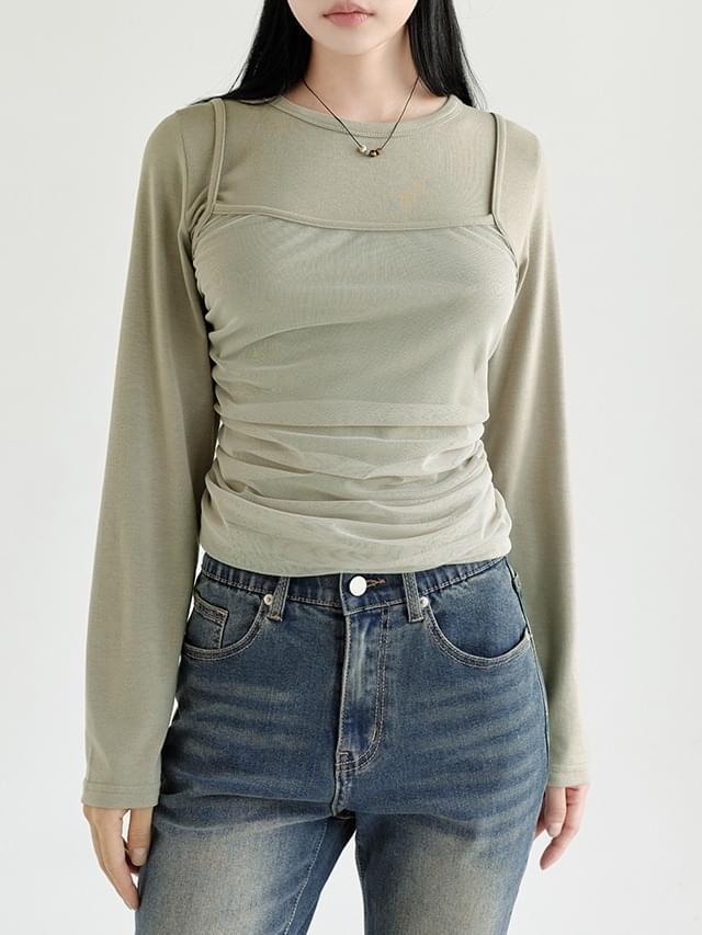 Big size 55-99 Ricardi see-through shirring bustier layered long sleeve t-shirt