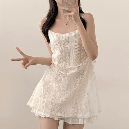 미코 레이스 옆셔링 레이어드 뷔스티에 미니 나시 원피스 (1color)