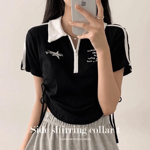 Side shirring rolled collar half zip-up crop short sleeve t-shirt