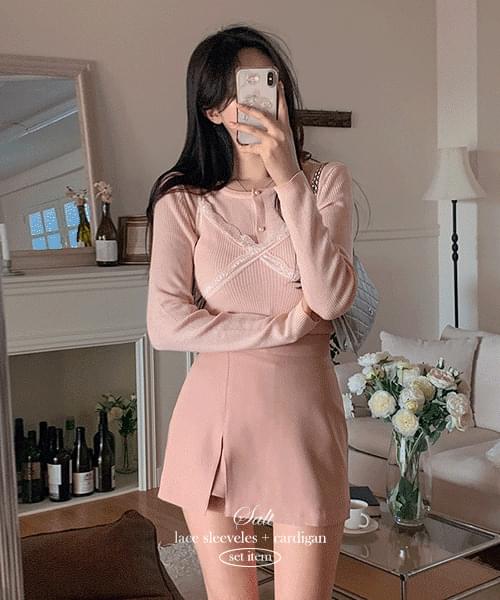 Salt lace sleeveless knit + pearl cardigan set