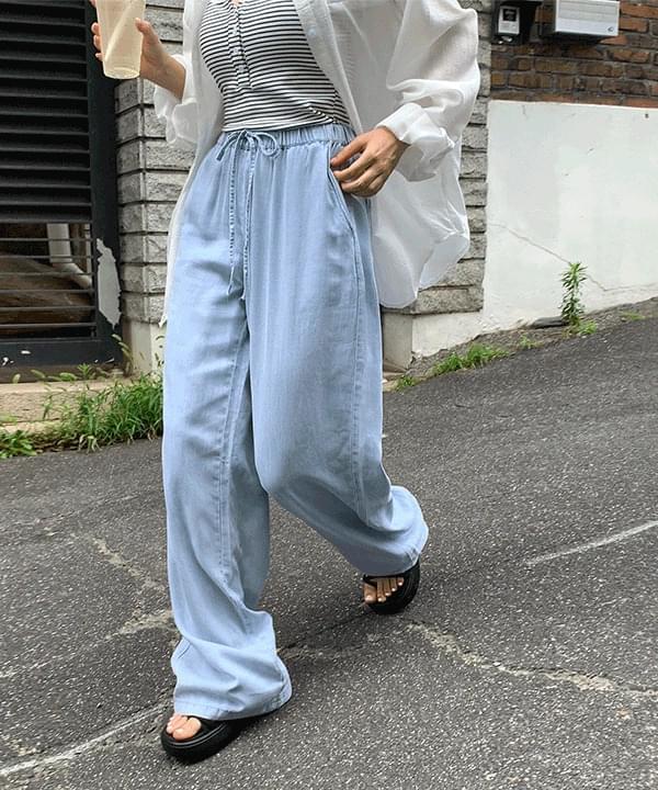 Drop Cotton Banding String Wide Denim Pants -3color