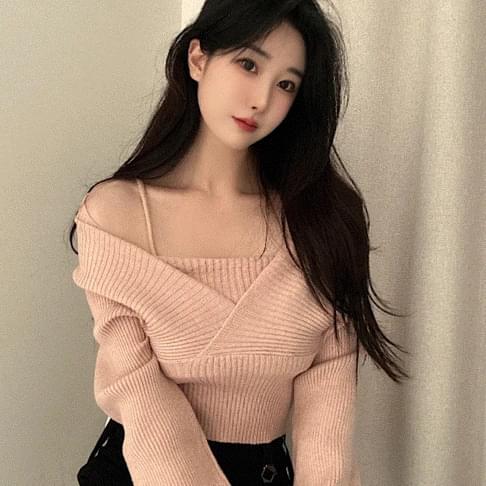Back Ribbon Waist Cinch Off Shoulder Sleeveless Wrap Knitwear 3 Colors