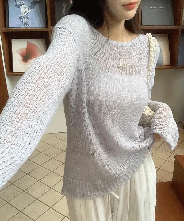Entis Lip Neck See-through Long Sleeve Mesh Knitwear -7color